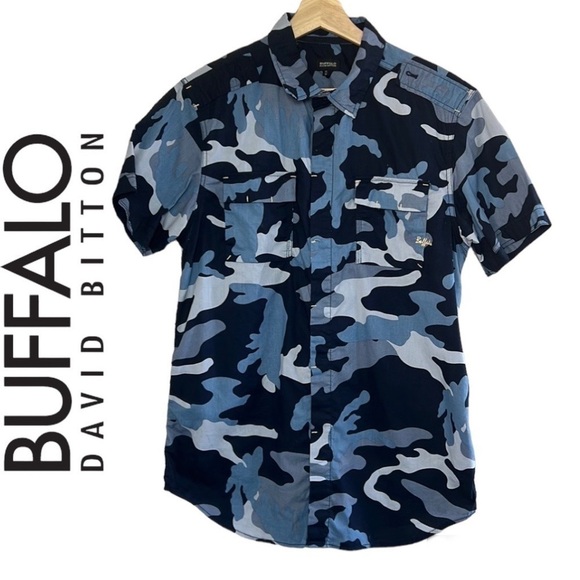 Buffalo David Bitton Camouflage Fitted Short Sleeve Button Down Shirt Size M - Picture 1 of 14